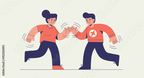 Two diverse animated characters celebrating a success with a high five gesture, conveying teamwork, unity, and positive achievement in a modern flat illustration style
