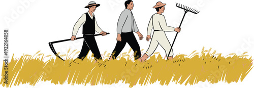 Three Farmers Carrying Traditional Tools Through a Wheat Field on a White Background, Concept of Agricultural Heritage, Manual Harvesting, Rural Labor, and Organic Farming Vector Illustration