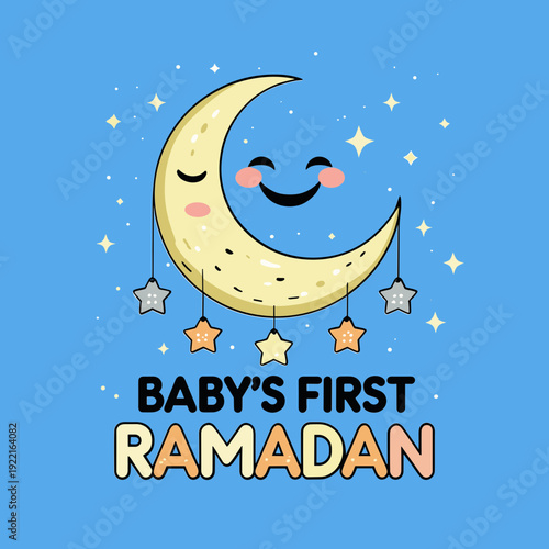 Ramadan's Embrace: A Gentle Crescent Moon: A heartwarming illustration of a crescent moon with twinkling stars, expressing the gentle spirit of a baby's first Ramadan. 