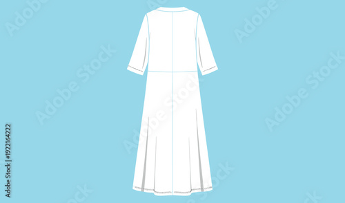 Women long sleeve midi dress back view, minimalist fashion flat sketch isolated on blue background elegant apparel design