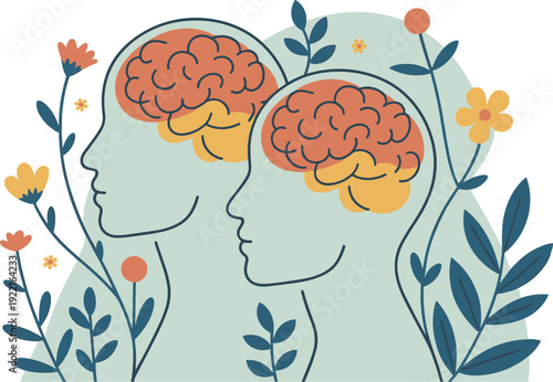 Two Human Head Silhouettes with Brains and Flourishing Flowers on a , Concept of Psychological Synergy, Mental Well-being, Collective Growth, and Emotional Intelligence Vector Illustration