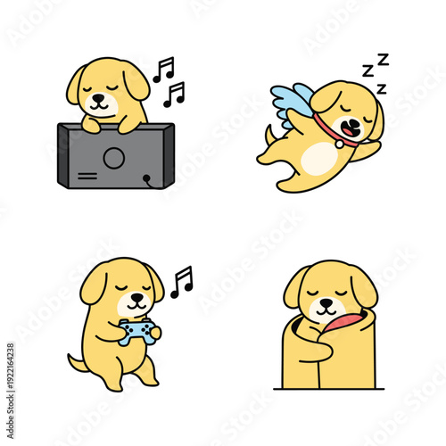 Cute cartoon dog relaxing with music and sleep in various poses