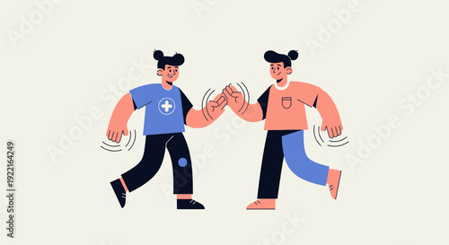 Two cartoon figures giving each other a high five, symbolizing teamwork, collaboration, and shared success in a simple, clean graphic illustration style