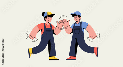 Two cartoon construction workers in blue overalls and yellow caps high-fiving each other, celebrating a successful project completion and teamwork