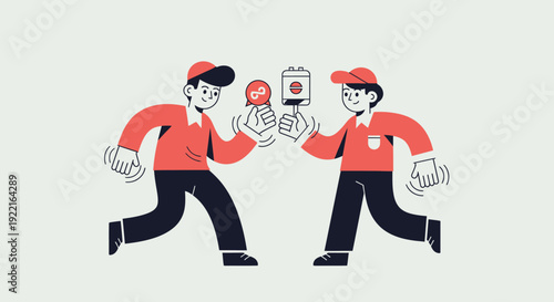 Illustration of two delivery men holding packages, representing quick and efficient delivery services, emphasizing speed and customer satisfaction with modern graphic art style and vibrant colors