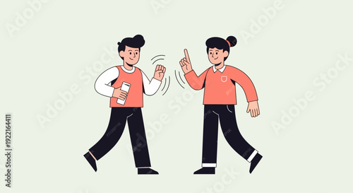 Two individuals engaged in a discussion or disagreement, gesturing with their hands, representing communication, conflict, or differing opinions in a stylized cartoon illustration