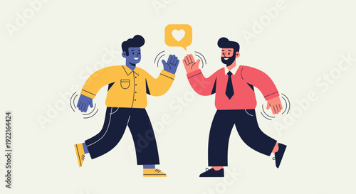 Two men happily high-fiving each other with a heart icon above them symbolizing friendship, partnership, and mutual respect in a vibrant and friendly illustration