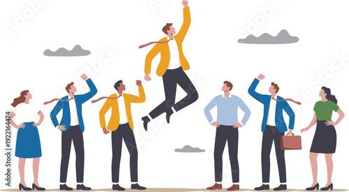 Triumphant Businessman Leaping Above a Diverse Group on a Tan Background, Concept of Individual Success, Career Achievement, Group Motivation, and Leadership Excellence Vector Illustration