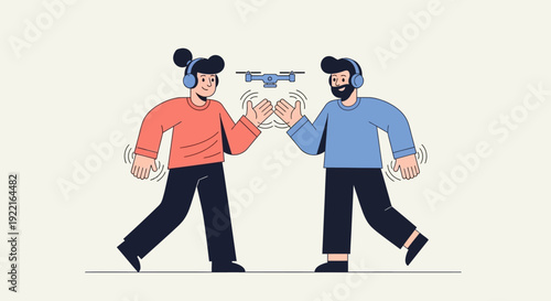 Two people wearing headphones high-fiving with a drone flying above them, representing teamwork and advanced technology, conveying collaboration and innovation