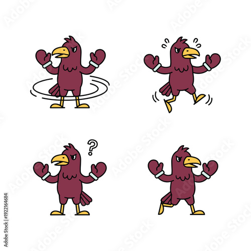 Cartoon bird wearing boxing gloves in various dynamic poses with confident expression