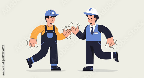 Two construction workers in hard hats and safety vests giving each other a high five, celebrating a job well done, illustration of teamwork and success in the industry