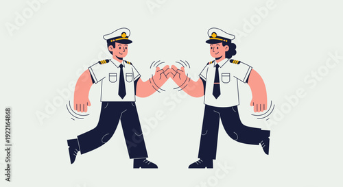 Two pilots in uniform, one male and one female, high-fiving each other in a celebratory gesture, symbolizing teamwork and successful flight accomplishment