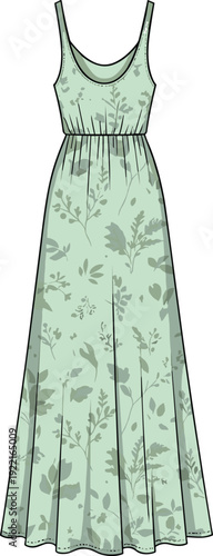 Women floral maxi dress front view, sleeveless summer long gown fashion illustration isolated on white background elegant design