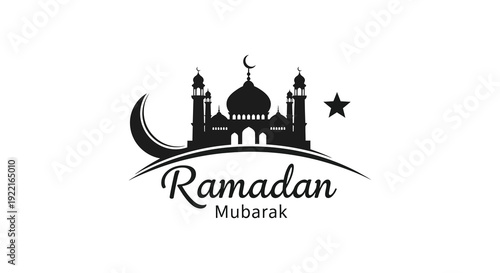 A black silhouette of a mosque crescent moon and star adorns a ramadan kareem greeting design high quality