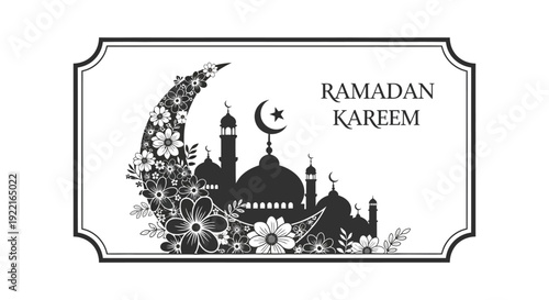 An elegant ramadan kareem design featuring a crescent moon mosque silhouettes and floral embellishments in black high quality