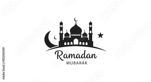 A black silhouette depicts a mosque crescent moon and stars with the word ramadan elegantly scripted below