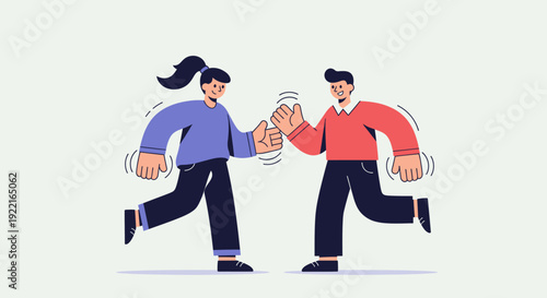 A man and woman joyfully giving each other a high five, symbolizing teamwork, success, celebration, and positive communication, depicted in a flat graphic illustration style