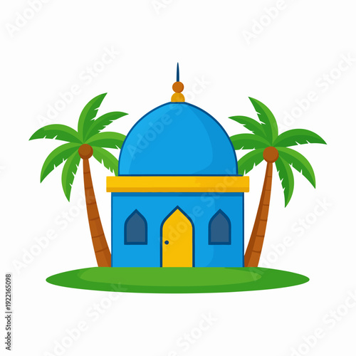 Peaceful cartoon illustration of a blue mosque with yellow door and dome, flanked by palm trees on green grass, captured from a frontal viewpoint in a serene white background