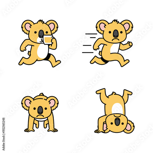 Cartoon koala poses in various yoga and dance movements with dynamic energy