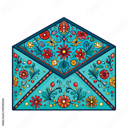 Viewing a vibrant teal envelope with open 3D flap, showcasing intricate floral pattern and colorful blossoms, captured in a stylized illustration from a front perspective on a plain backdrop