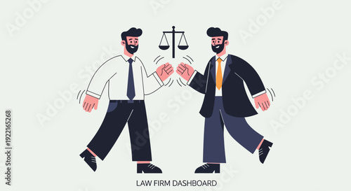 Two business people shaking hands with a weighing scale symbolizing justice and balance, representing a law firm dashboard and legal services for corporate clients