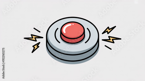 Red button on gray switch with electric energy sparks around cartoon style illustration ready to activate or trigger an action or event