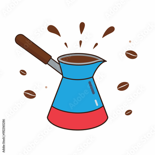 Dynamic cartoon illustration of a blue coffeepot with a red base, splashing coffee and scattering beans, viewed from a side angle in a clean white studio setting