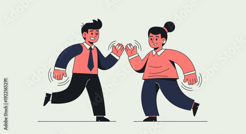 A man and a woman happily wave to each other, symbolizing greeting, friendship, and positive social interaction with a modern, flat design illustration