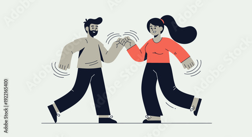 Illustration of a man and woman giving each other a fist bump while walking, representing connection, friendship, and positive interaction in a modern, minimalist style