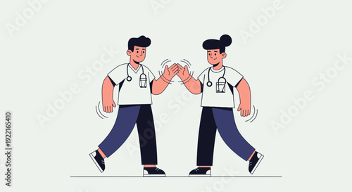 Illustration of two medical professionals giving each other a high five, symbolizing teamwork, collaboration, and mutual support in healthcare settings, celebrating success and camaraderie