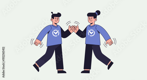 Two stylized characters with identical blue circular logos on their shirts high-fiving and celebrating with their arms raised slightly in a moment of shared success and triumph