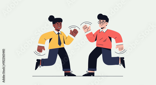 Two cartoon people from different cultures high-fiving each other while running, signifying friendship, unity, and celebration of diversity and togetherness in a modern, graphic illustration style