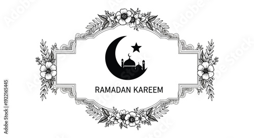 An ornate black and white illustration depicts a crescent moon star and mosque for ramadan greetings high quality professional detailed