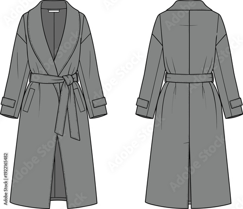 Women long trench coat front and back view, belted winter overcoat fashion flat sketch isolated on white background