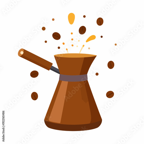 Dynamic illustration of a brown Turkish coffee pot splashing lively coffee beans and golden liquid, captured from a centered perspective, highlighting warmth, movement, and inviting energy