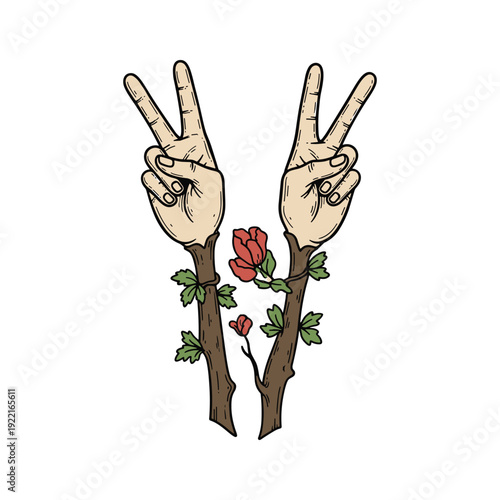 Hands showing peace signs with rose branches in a minimalist illustration style
