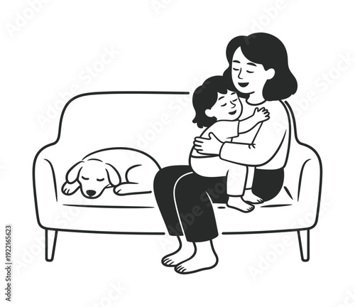 A mother hugs her child on a couch with a sleeping dog nearby
