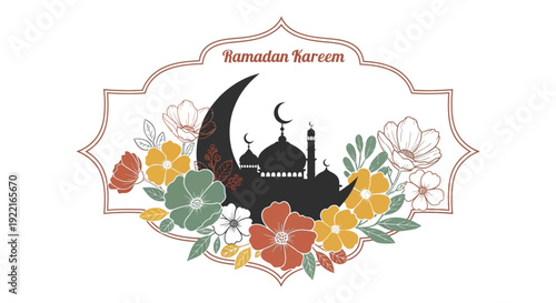 A decorative ramadan kareem illustration features a crescent moon mosque and floral arrangement high quality professional detailed modern