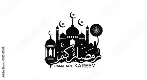 An elegant ramadan kareem graphic features a mosque crescent moons a lantern and arabic calligraphy high quality professional