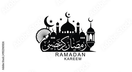 An elegant black and white illustration depicts a crescent moon stars a mosque and arabic calligraphy for ramadan kareem