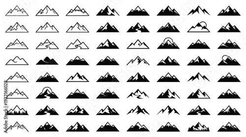 Expansive Mountain Icon Set: 56 Minimalist Vector Symbols for Outdoors, Adventure, and Hiking.