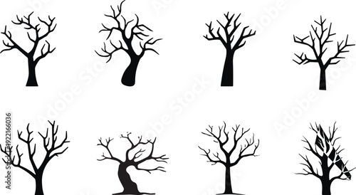 Black barren tree silhouette set featuring eight unique branching patterns, perfect for seasonal, autumn, winter, nature, landscape, and artistic design projects
