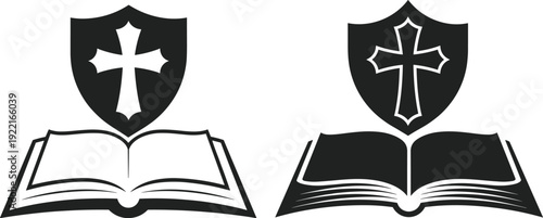 Black and white Christian education icon set featuring open books with shields and crosses, perfect for faith-based learning, religion, and design projects