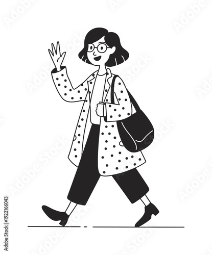 Cheerful Woman in Polka Dot Coat Waving Hello and Carrying a Bag