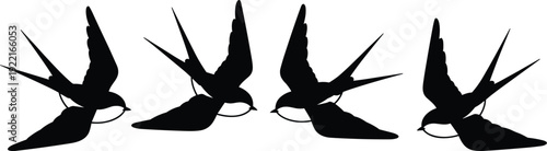 Black bird silhouette illustration featuring four swallows in flight with wings spread, perfect for nature, wildlife, freedom, sky, and decorative design projects