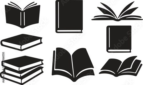 Black book icon set featuring open, closed, stacked, and upright books in various styles, perfect for education, library, reading, and design projects
