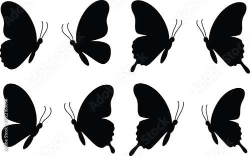Black butterfly silhouette set featuring eight variations in wing and antenna shapes, perfect for nature, wildlife, decorative design, and educational projects