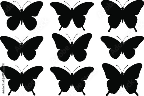 Black butterfly silhouette set featuring nine variations in wing and antenna shapes, perfect for nature, wildlife, decorative design, and educational projects