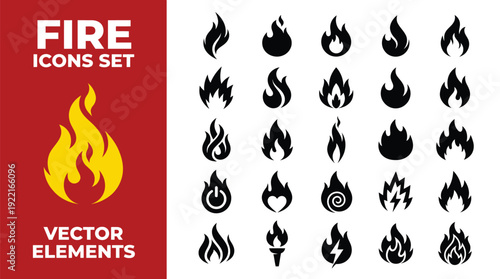 Fire and Flame Vector Icon Set: Minimalist Black Silhouette Symbols for Heat, Energy, and Danger.