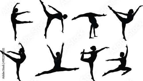 Black dancer silhouette set featuring eight ballet and contemporary dance poses, perfect for performance, choreography, art reference, fitness, and design projects